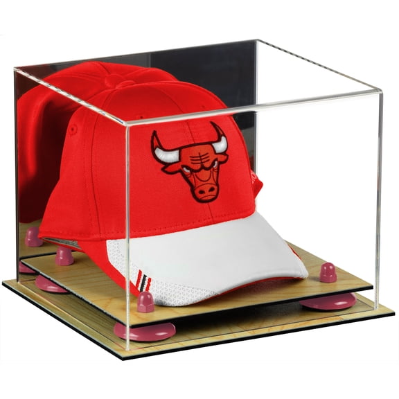 Acrylic Basketball Hat or Cap Display Case with Mirror, Pink Risers and Wood Base (A006-PNR)