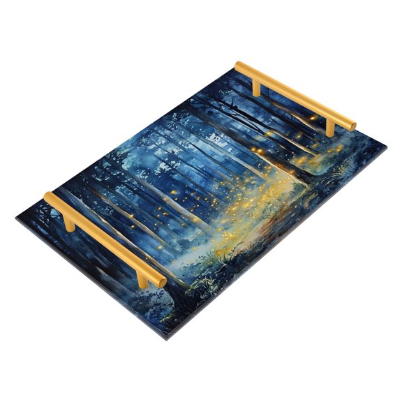 Acrylic Bathroom Storage Tray with Stainless Steel Handle Bathroom Vanity Counter Organizer Tray Multi-Purpose Decorative Tray Beautiful Firefly Forest