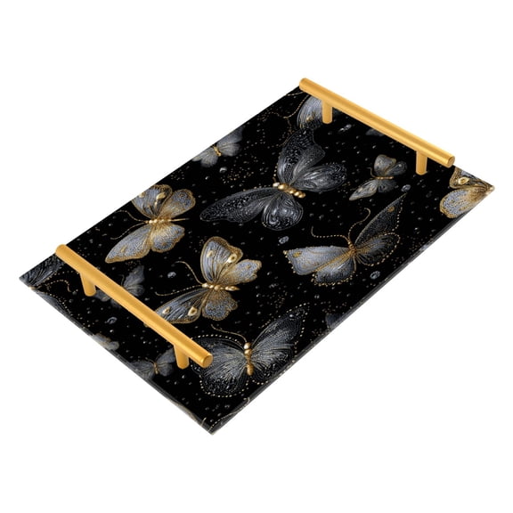 Acrylic Bathroom Storage Tray with Stainless Steel Handle Bathroom Vanity Counter Organizer Tray Multi-Purpose Decorative Tray Black and Gold Butterflies