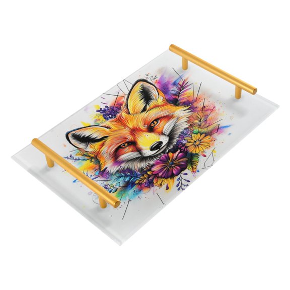Acrylic Bathroom Storage Tray with Stainless Steel Handle Bathroom Vanity Counter Organizer Tray Multi-Purpose Decorative Tray Cartoon Color Fox
