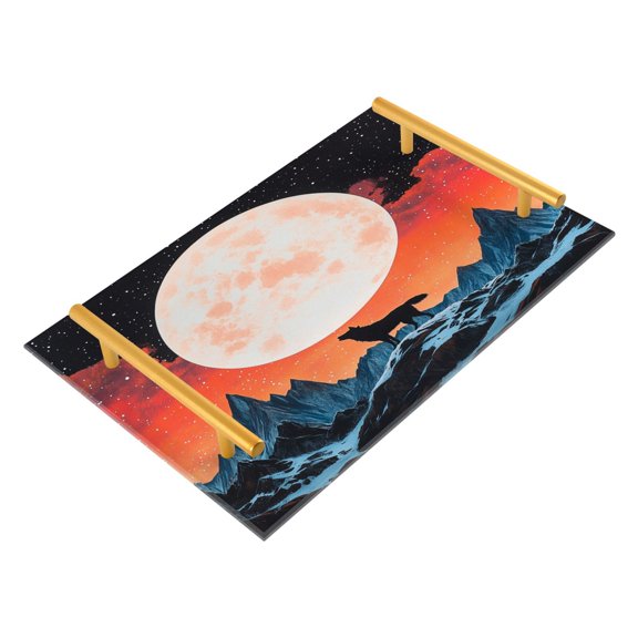 Acrylic Bathroom Storage Tray with Stainless Steel Handle Bathroom Vanity Counter Organizer Tray Multi-Purpose Decorative Tray Cool Wolf under The Moon