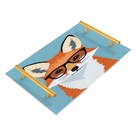 Acrylic Bathroom Storage Tray with Stainless Steel Handle Bathroom Vanity Counter Organizer Tray Multi-Purpose Decorative Tray Cute Fox with Glasses