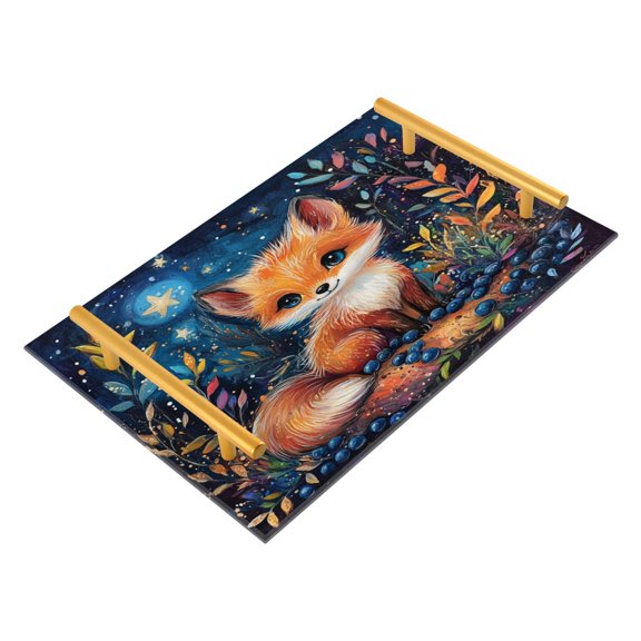 Acrylic Bathroom Storage Tray with Stainless Steel Handle Bathroom Vanity Counter Organizer Tray Multi-Purpose Decorative Tray Cute Orange Fox