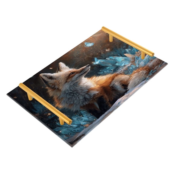 Acrylic Bathroom Storage Tray with Stainless Steel Handle Bathroom Vanity Counter Organizer Tray Multi-Purpose Decorative Tray Fox Sitting in Snow