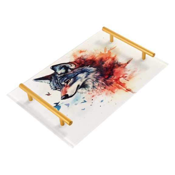 Acrylic Bathroom Storage Tray with Stainless Steel Handle Bathroom Vanity Counter Organizer Tray Multi-Purpose Decorative Tray Gray Watercolor Cartoon Wolf