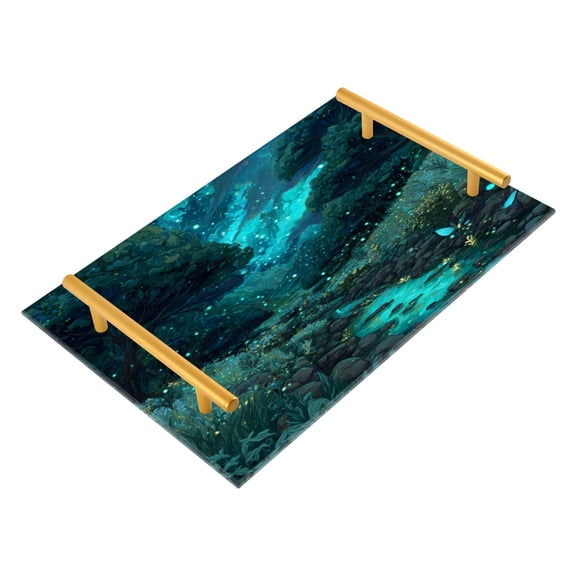 Acrylic Bathroom Storage Tray with Stainless Steel Handle Bathroom Vanity Counter Organizer Tray Multi-Purpose Decorative Tray Mystic Forest Glowing Blue Fireflies