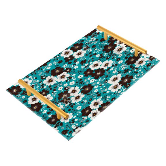 Acrylic Bathroom Storage Tray with Stainless Steel Handle Bathroom Vanity Counter Organizer Tray Multi-Purpose Decorative Tray Turquoise Tiny Blooms