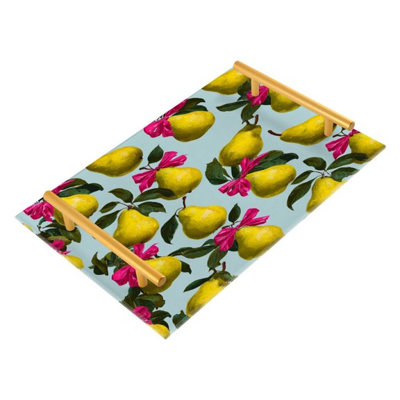 Acrylic Bathroom Storage Tray with Stainless Steel Handle Bathroom Vanity Counter Organizer Tray Multi-Purpose Decorative Tray Yellow Pear Pattern