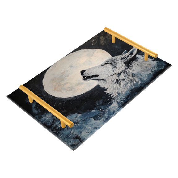 Acrylic Bathroom Storage Tray with Stainless Steel Handle Bathroom Vanity Counter Organizer Tray Multi-Purpose Decorative Tray White Wolf under The Moon