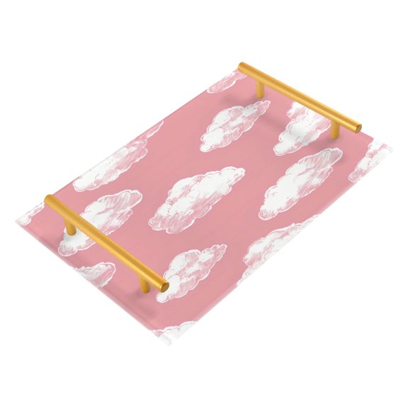 Acrylic Bathroom Storage Tray with Stainless Steel Handle Bathroom Vanity Counter Organizer Tray Multi-Purpose Decorative Tray Pink White Cloud