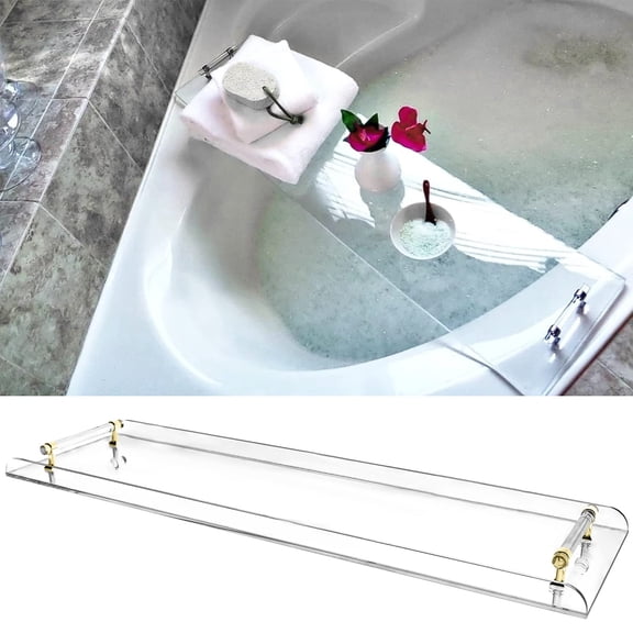 Acrylic Bathtub Caddy Tray with Gold Handle,Clear Bathtub Caddy,Tub Caddy for Bathroom Luxury Spa, Bathroom Organizer Tablet Holder, Bath Accessories Fits Most Tubs