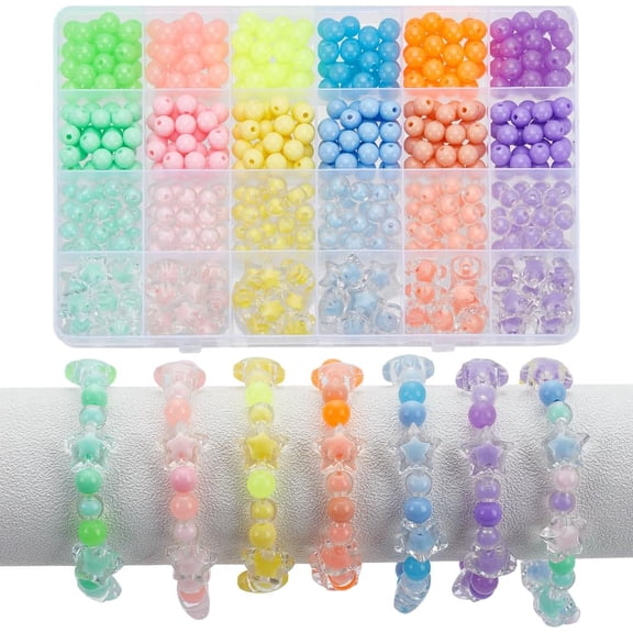 Acrylic Beads Bracelet Making Kit 6 Color Gradient Beads 8mm Round Beads Star Beads with Elastic Thread Loose Beads Kits for DIY Bracelet Necklace Jewelry Keychain Making