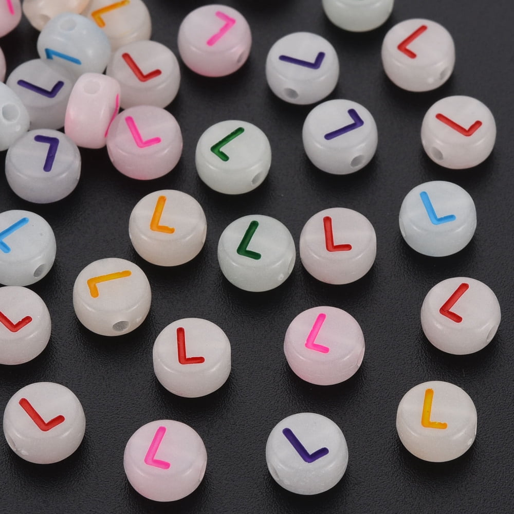 Acrylic Beads Glow in the Dark with Enamel and Luminous Horizontal Hole Flat Round with Alphabet Letter.L 6.5x7x4mm Hole: 1.6mm 3600pcs/500g diy