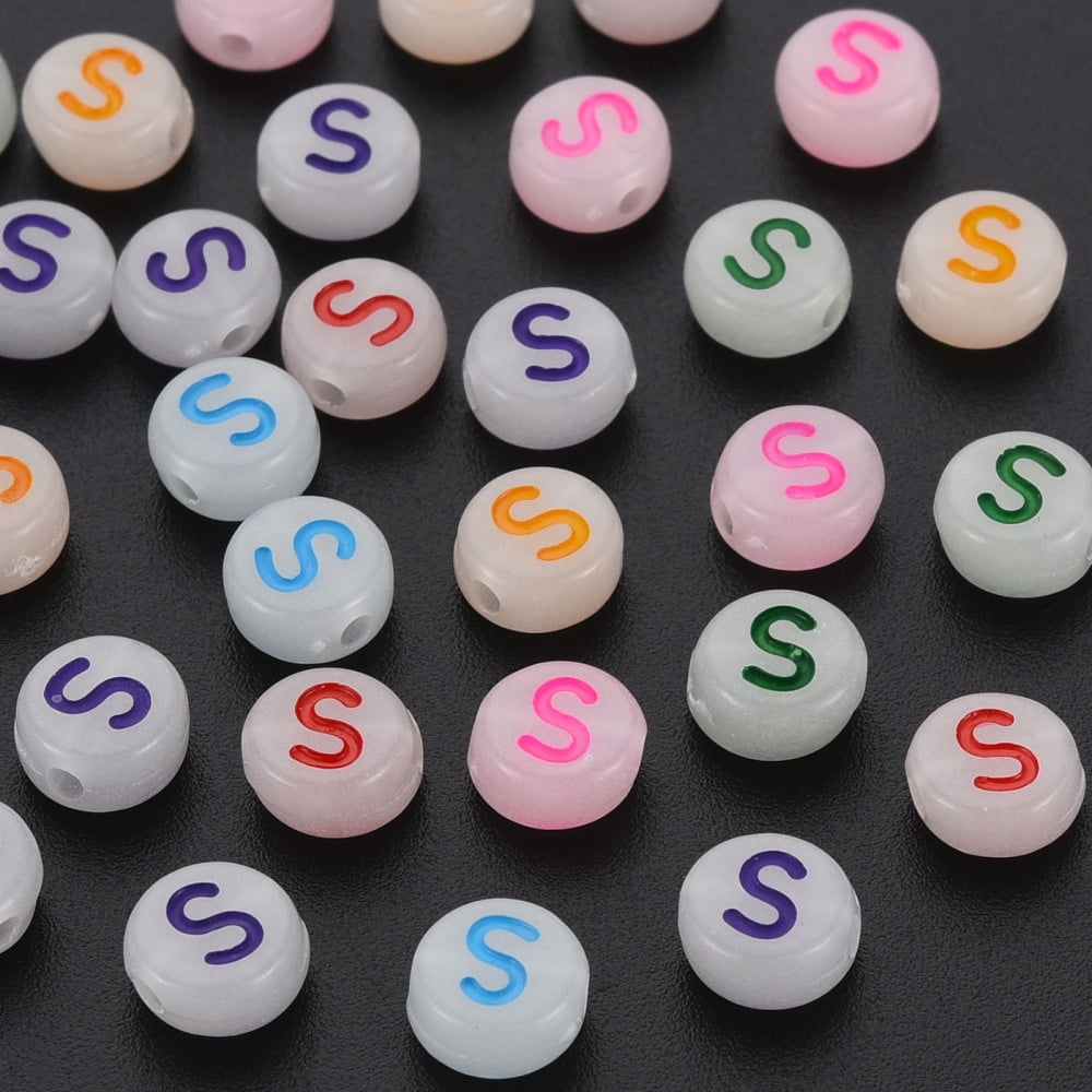 Acrylic Beads Glow in the Dark with Enamel and Luminous Horizontal Hole Flat Round with Alphabet Letter.S 6.5x7x4mm Hole: 1.6mm 3600pcs/500g