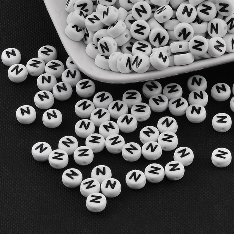 Acrylic Beads with Horizontal Hole Letter Flat Round Letter N 7x4mm Hole: 1.2-1.8mm 3500pcs/500g