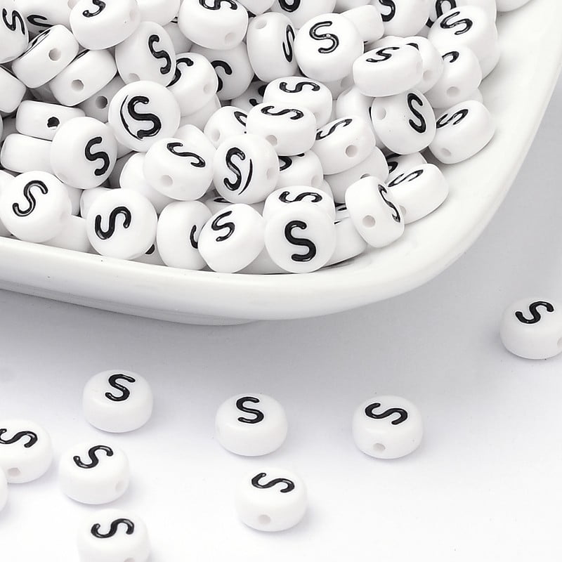 Acrylic Beads with Horizontal Hole Letter Flat Round Letter.S 7x4mm Hole: 1mm 3500pcs/500g