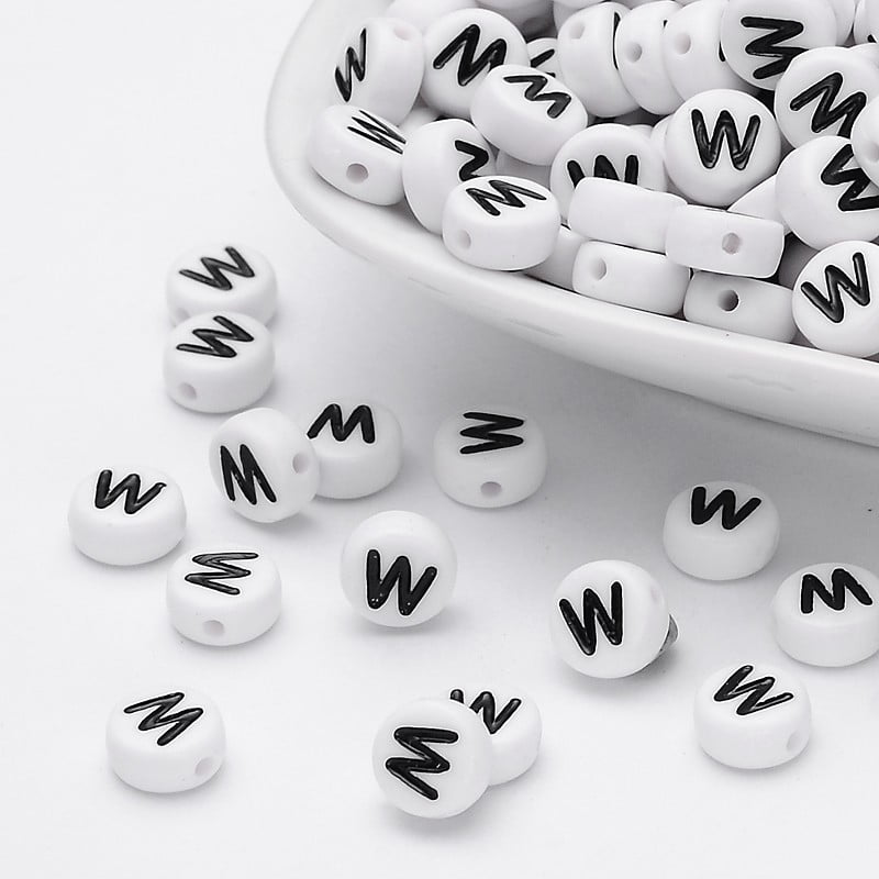 Acrylic Beads with Horizontal Hole Letter Flat Round Letter W 7x4mm Hole: 1.2~1.8mm about 3500pcs/500g