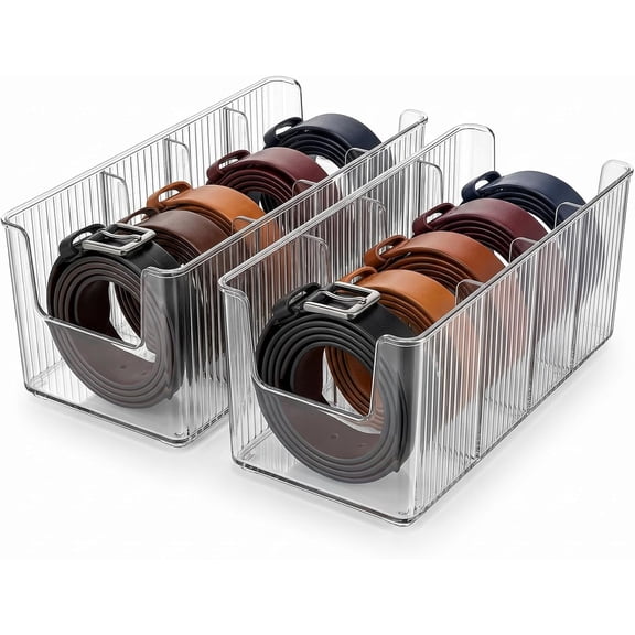 Acrylic Belt Organizer, 2 Pack Clear Belt Storage Box with 4 Adjustable Compartments, Stackable Durable Acrylic Belt Holder, Anti-Scratch Belt Display Case for Closet and Drawer Organization