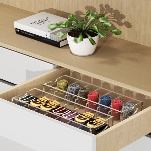 Acrylic Belt Organizer with Dust Cover Clear Storage Box for Closet or Drawer, Belt and Tie Display Holder Case with 7 Compartments