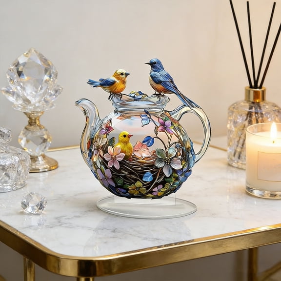 Acrylic Bird Teapot Figurine Decorative Tabletop Ornament for Home and Office Nature-Inspired Desk Decor Gift