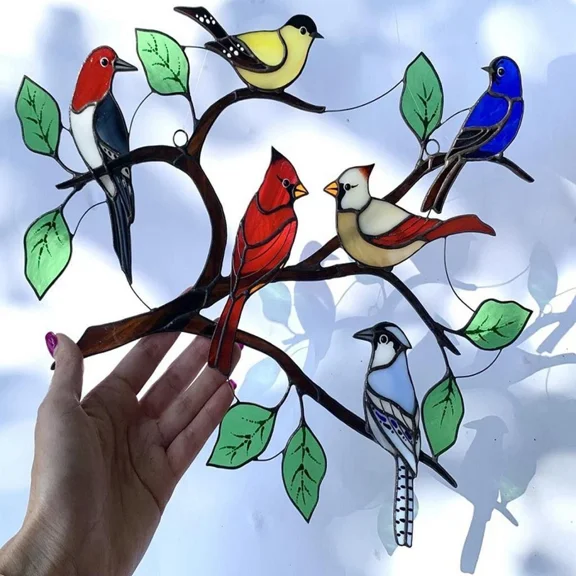 Acrylic Birds On Branch Window Panel Hanging Sun Catcher Home Garden