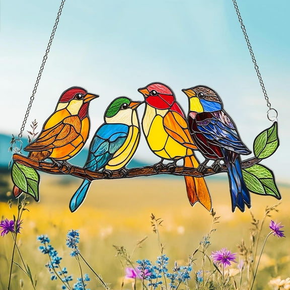 Acrylic Birds on Branch Suncatcher: Colorful Window Decor