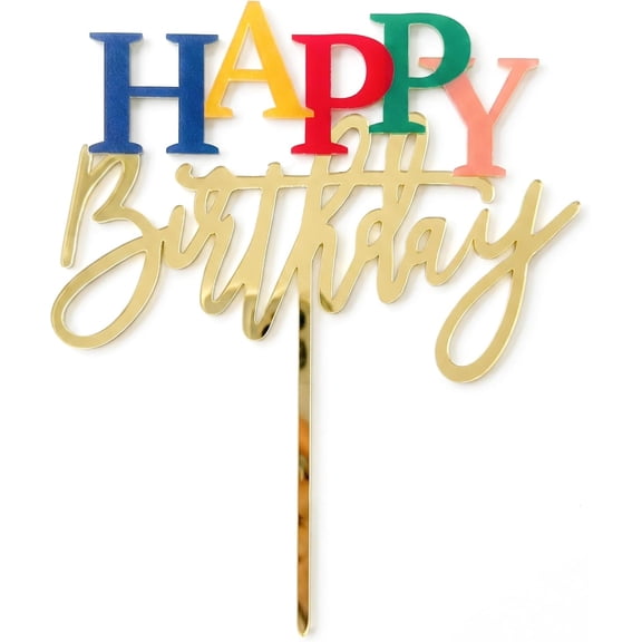 Acrylic Birthday Cake Topper, 7.5" x 6" Happy Sign for (Gold & Rainbow)