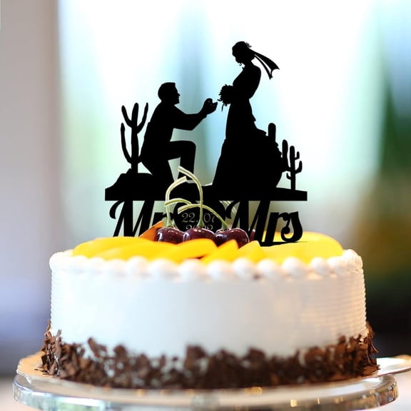 Acrylic Black Mr & Mrs Wedding Anniversary Cake Topper Personalized Family Name Est Date Silhouette Romance Bride & Groom Cake Topper For Wedding Bridal Shower Wedding Decor Engagement Gifts