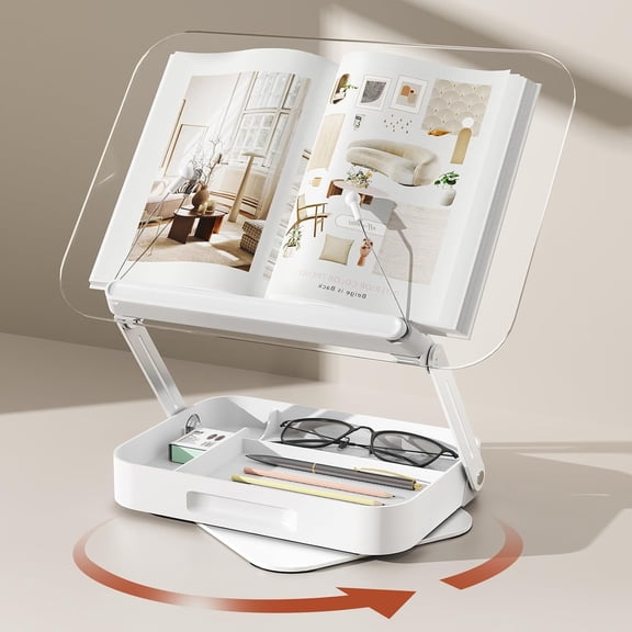 Acrylic Book Stand with Storage, Adjustable Book Holder for Reading with 360 Rotating Bases, Foldable Desktop Riser Stand, Elastic Clips for Cookbook Recipe Magazines Tablets, Laptops (Clear)
