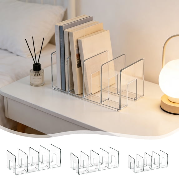 Acrylic Book Stand with 4 Compartments, Desktop Reading Rack for Books & Magazines, Clear Plastic Organizer with Sturdy Base, Topliu