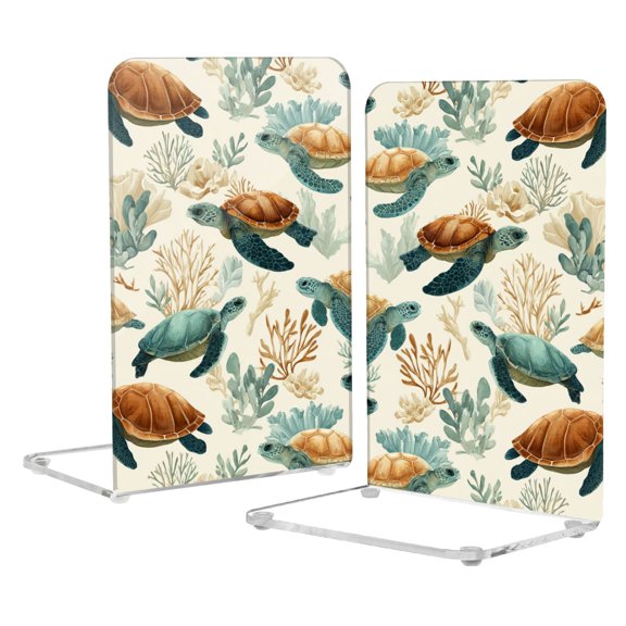 Acrylic Bookends 2 Pairs Decorative Book Stoppers for Home Office Desk Organizer Adorable Turtles Pattern