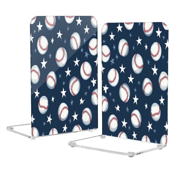 Acrylic Bookends 2 Pairs Decorative Book Stoppers for Home Office Desk Organizer Baseball Stars Pattern