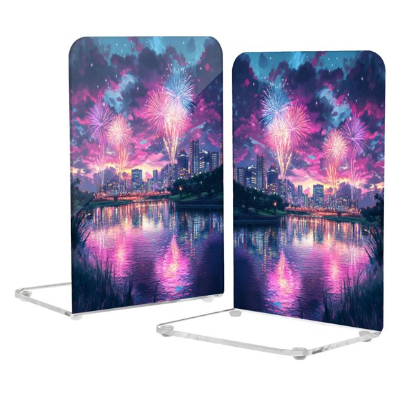 Acrylic Bookends 2 Pairs Decorative Book Stoppers for Home Office Desk Organizer Beautiful River with Fireworks