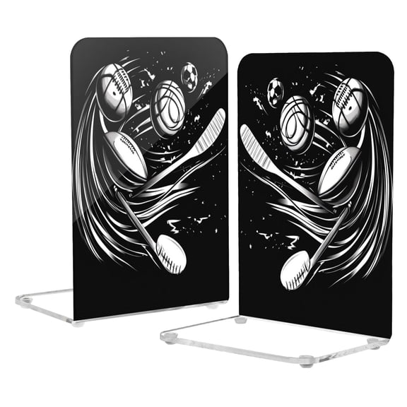 Acrylic Bookends 2 Pairs Decorative Book Stoppers for Home Office Desk Organizer Black Baseball Pattern