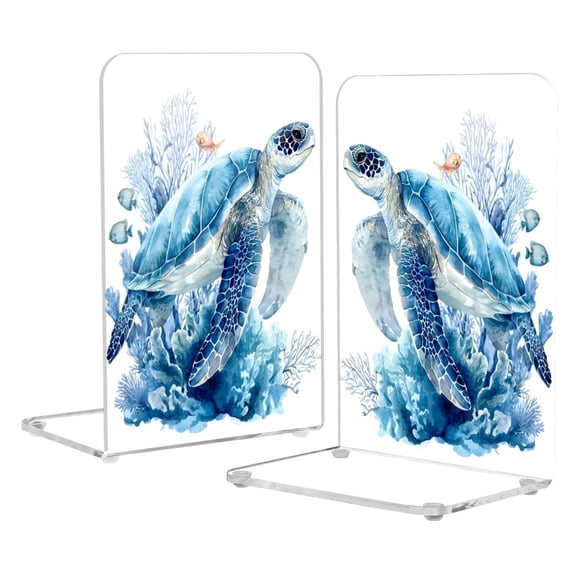 Acrylic Bookends 2 Pairs Decorative Book Stoppers for Home Office Desk Organizer Blue Sea Turtle Pattern