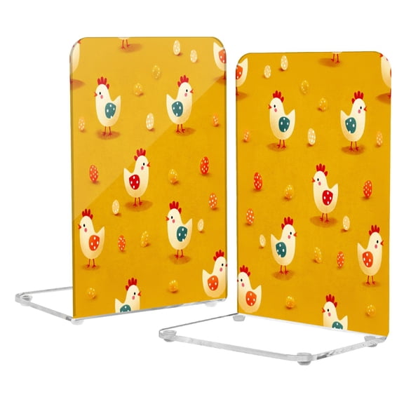 Acrylic Bookends 2 Pairs Decorative Book Stoppers for Home Office Desk Organizer Cartoon Chickens Pattern