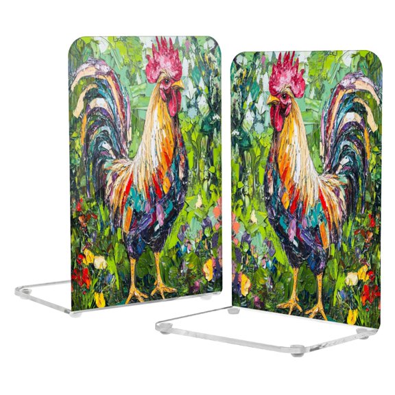 Acrylic Bookends 2 Pairs Decorative Book Stoppers for Home Office Desk Organizer Chickens Painted in Oil