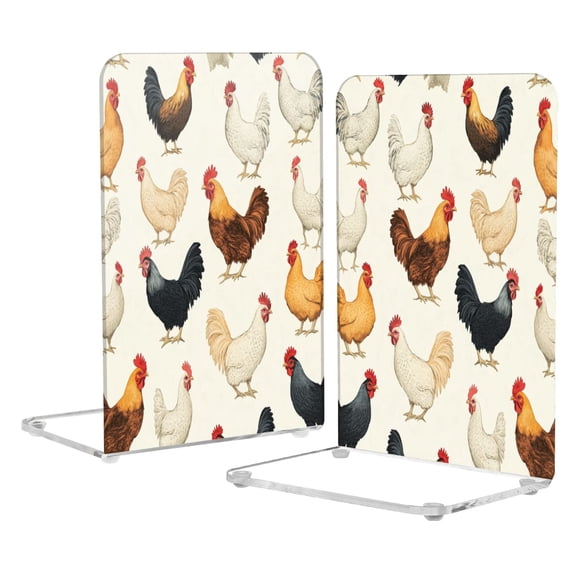 Acrylic Bookends 2 Pairs Decorative Book Stoppers for Home Office Desk Organizer Chickens Pattern