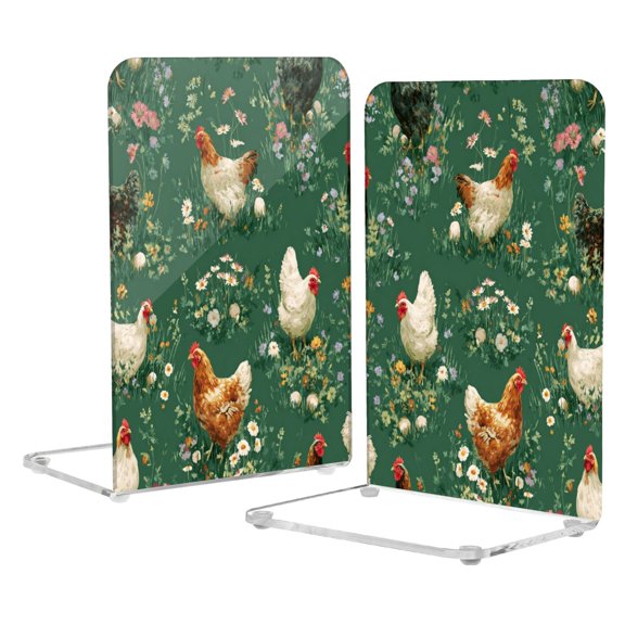 Acrylic Bookends 2 Pairs Decorative Book Stoppers for Home Office Desk Organizer Chickens and Flowers Pattern