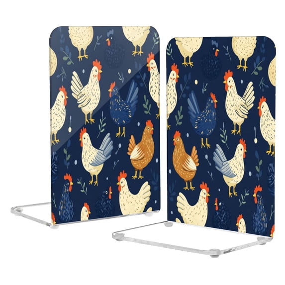 Acrylic Bookends 2 Pairs Decorative Book Stoppers for Home Office Desk Organizer Chickens and Hens