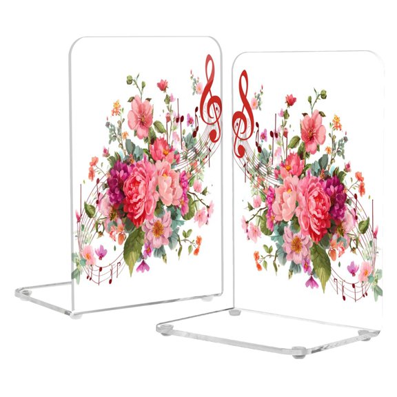 Acrylic Bookends 2 Pairs Decorative Book Stoppers for Home Office Desk Organizer Colorful Musical Notes with Flowers