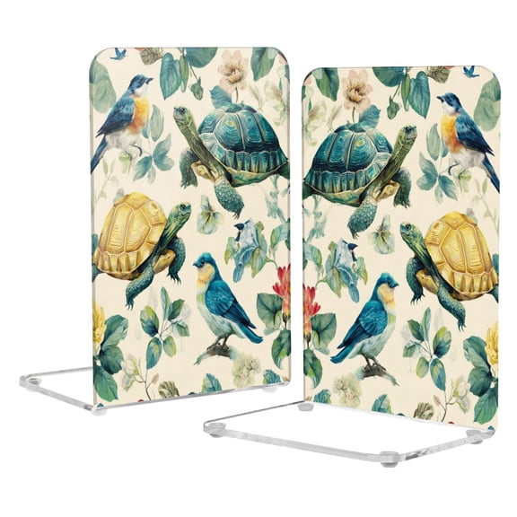 Acrylic Bookends 2 Pairs Decorative Book Stoppers for Home Office Desk Organizer Colorful Turtles and Birds Pattern