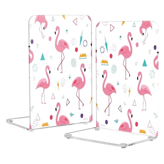 Acrylic Bookends 2 Pairs Decorative Book Stoppers for Home Office Desk Organizer Cute Flamingo Pattern