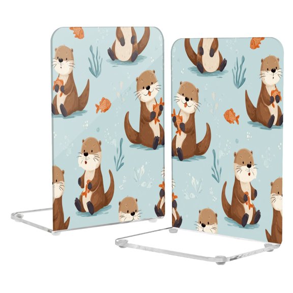 Acrylic Bookends 2 Pairs Decorative Book Stoppers for Home Office Desk Organizer Cute Otters in Various Poses