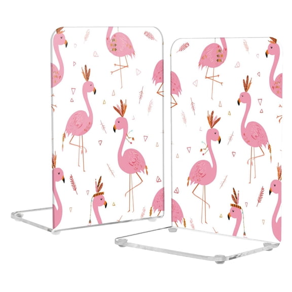 Acrylic Bookends 2 Pairs Decorative Book Stoppers for Home Office Desk Organizer Cute Pink Flamingo Pattern