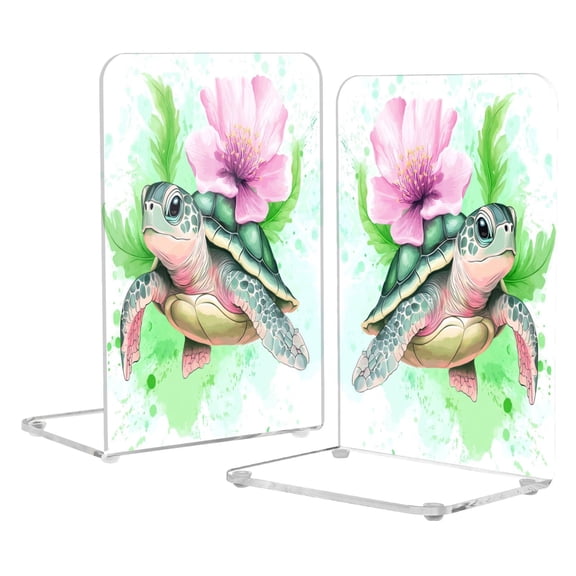 Acrylic Bookends 2 Pairs Decorative Book Stoppers for Home Office Desk Organizer Cute Turtle