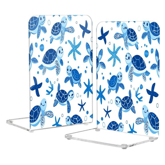 Acrylic Bookends 2 Pairs Decorative Book Stoppers for Home Office Desk Organizer Cute Turtles and Starfish