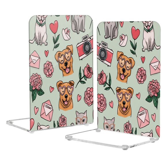 Acrylic Bookends 2 Pairs Decorative Book Stoppers for Home Office Desk Organizer Dog and Letter Envelopes Pattern