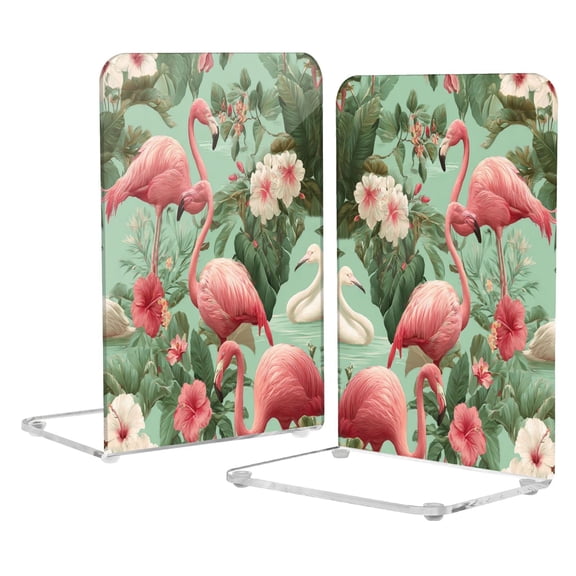 Acrylic Bookends 2 Pairs Decorative Book Stoppers for Home Office Desk Organizer Flamingo Tropical Leaves Pattern
