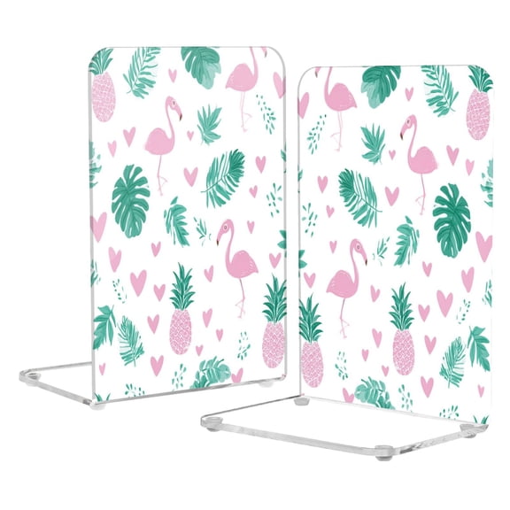 Acrylic Bookends 2 Pairs Decorative Book Stoppers for Home Office Desk Organizer Flamingo and Palm Leaves
